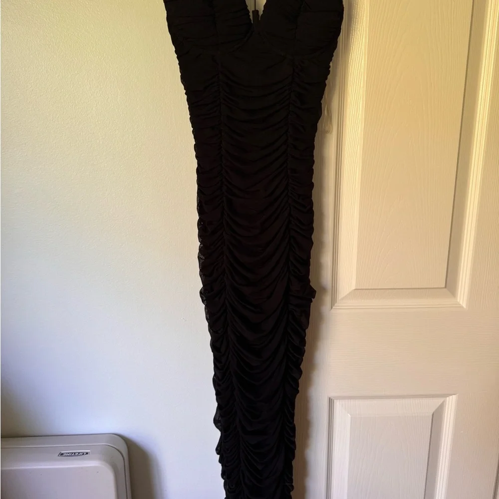 Fashion Nova Black Strapless Ruched Zip-Front Bodycon Dress - Picture 3 of 5